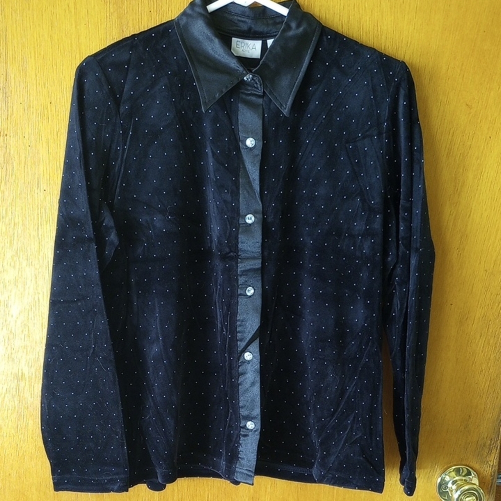 Erika Black Small Petite Velvet Top, Rhinestones, Polka Dots, Classic Collar